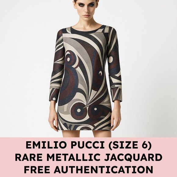 Emilio Pucci Metallic Jacquard Sheath Dress Psychedelic Print Purple Green Gold - Picture 1 of 16